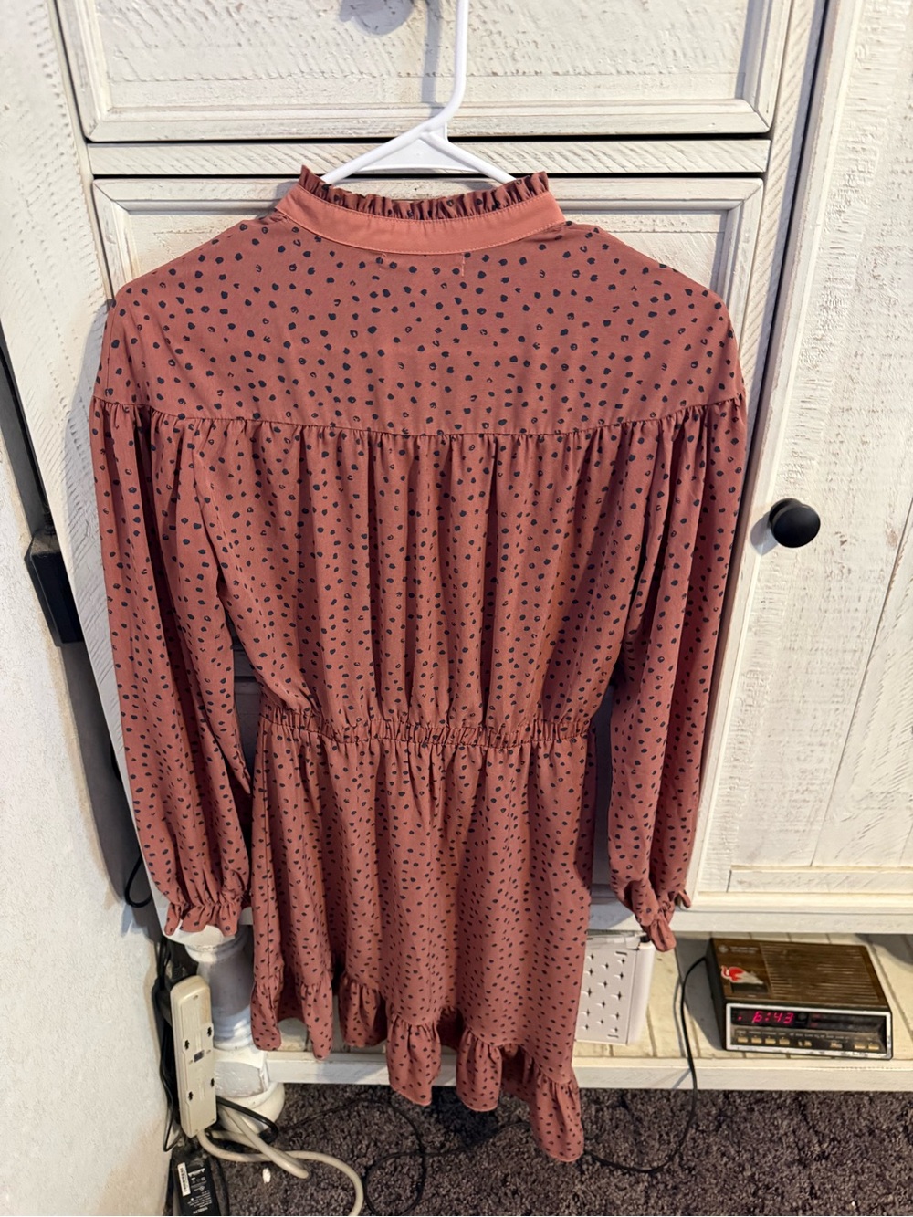 Wild Honey Mauve Pink Long Sleeve Ruffle Dress with Black Dot Print